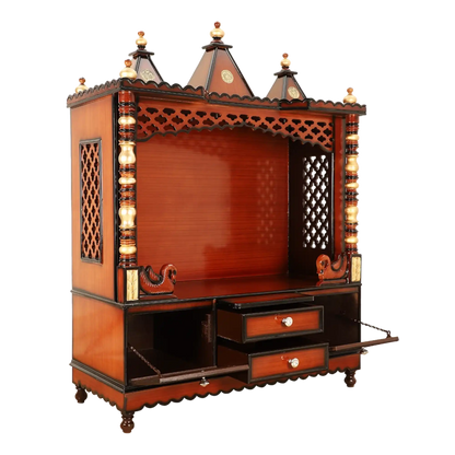 Abhikya Kostha Floor Rested Pooja Mandir/Wooden temple for home in Brown Gold color 45° side view 1