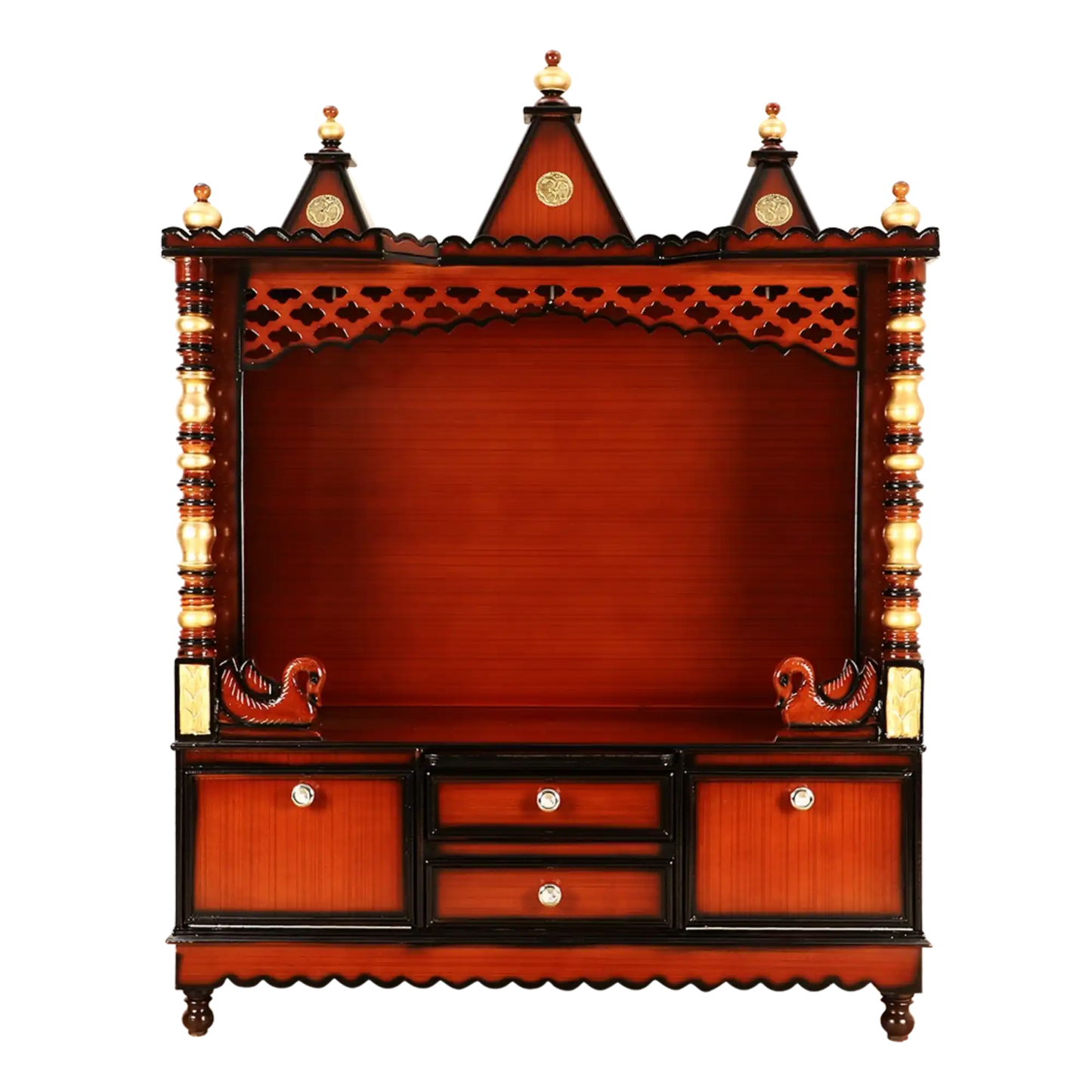 Abhikya Kostha Floor Rested Pooja Mandir/Wooden temple for home in Brown Gold color front view