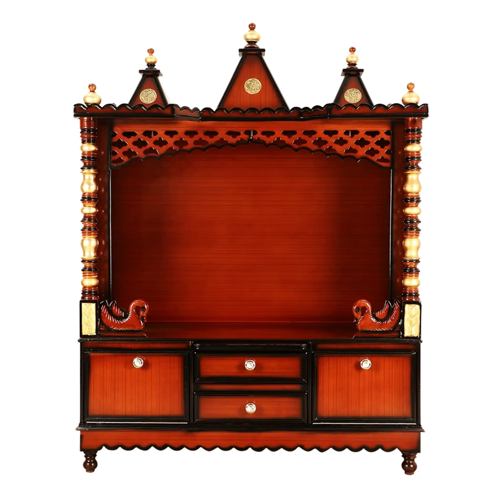 Abhikya Kostha Floor Rested Pooja Mandir/Wooden temple for home in Brown Gold color front view