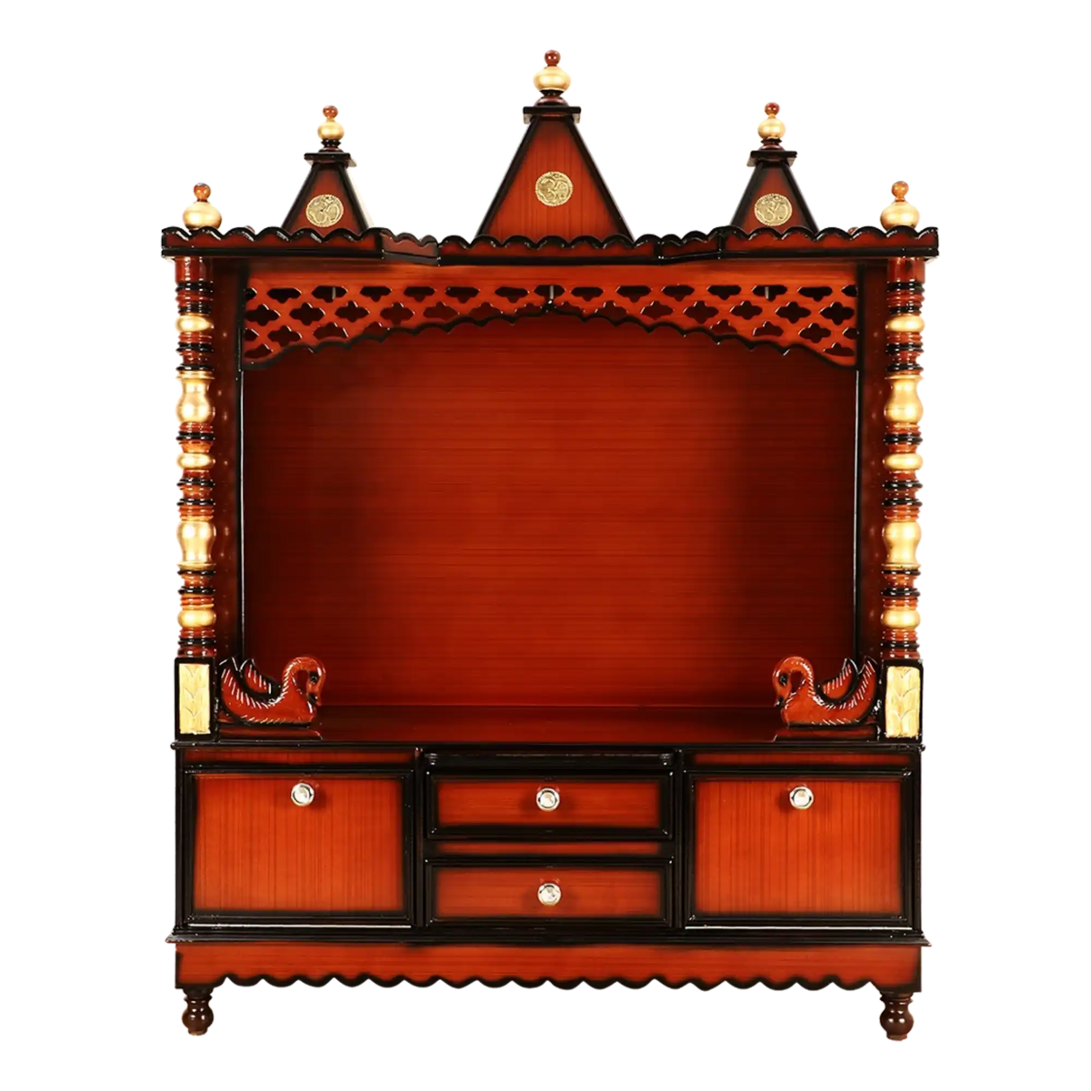 Abhikya Kostha Floor Rested Pooja Mandir/Wooden temple for home in Brown Gold color front view
