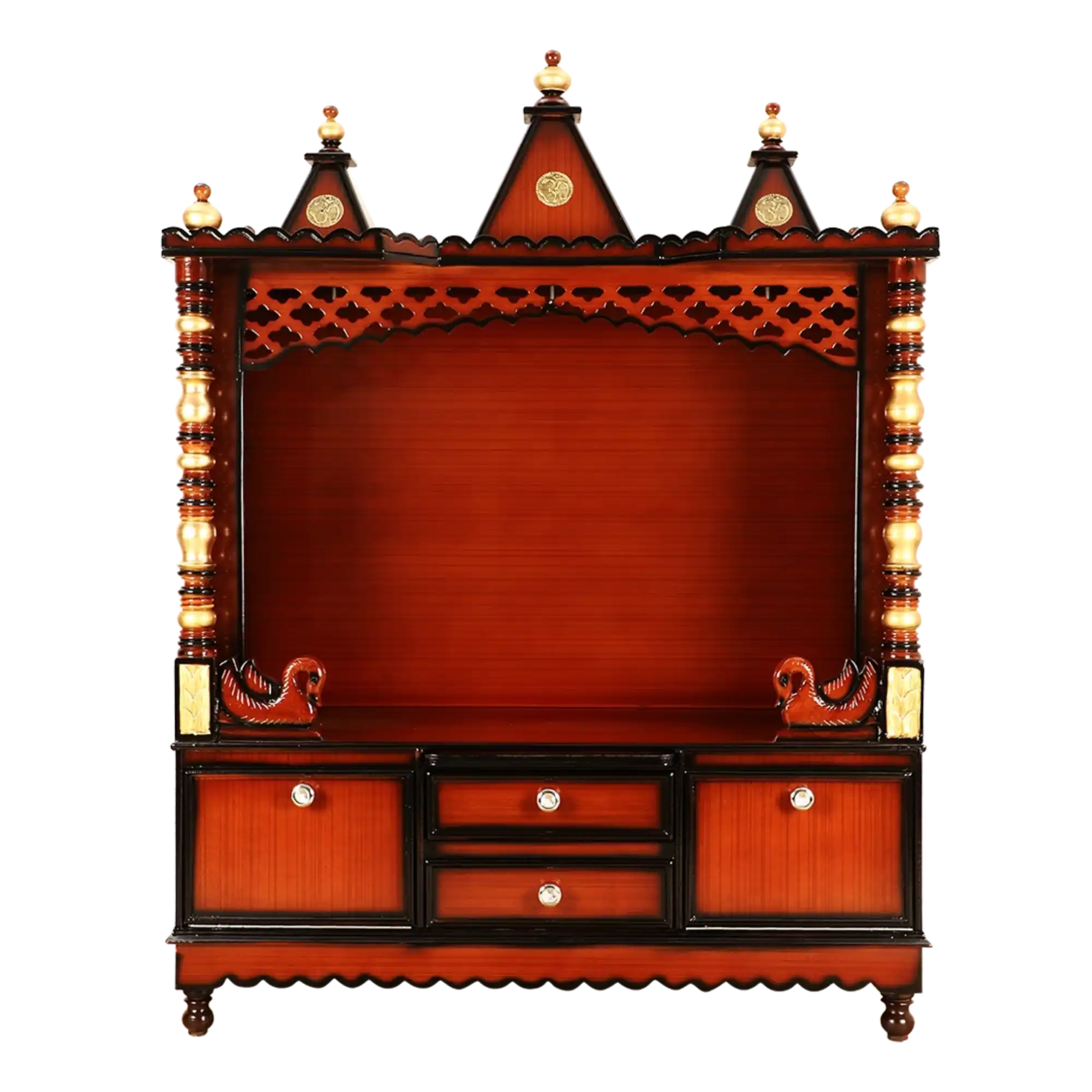Abhikya Kostha Floor Rested Pooja Mandir/Wooden temple for home in Brown Gold color front view