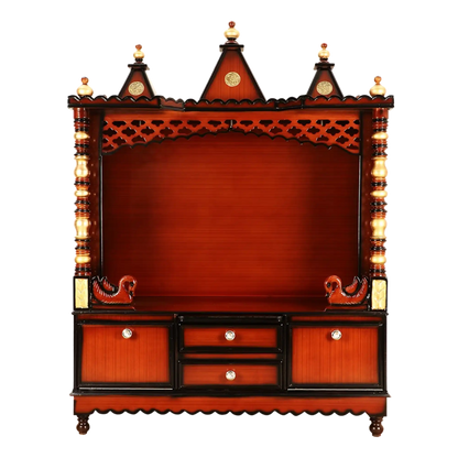 Abhikya Kostha Floor Rested Pooja Mandir/Wooden temple for home in Brown Gold color front view