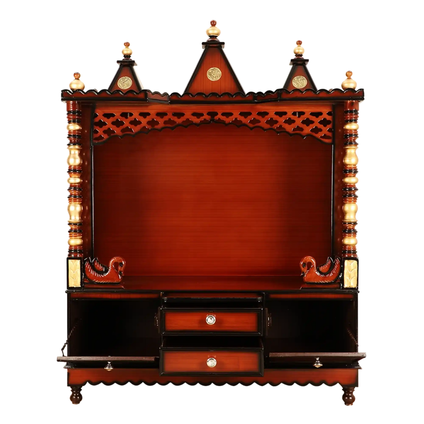 Abhikya Kostha Floor Rested Pooja Mandir/Wooden temple for home in Brown Gold color front view open drawers