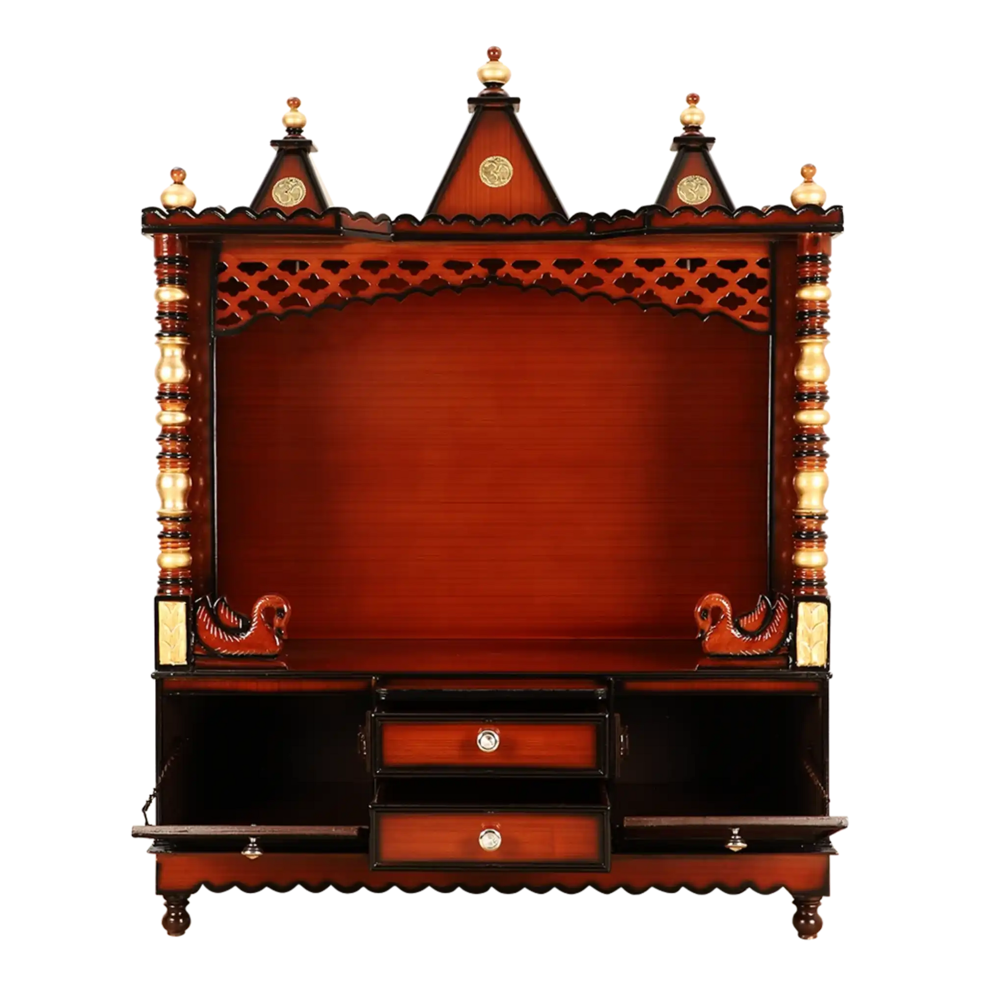 Abhikya Kostha Floor Rested Pooja Mandir/Wooden temple for home in Brown Gold color front view open drawers