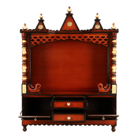 Abhikya Kostha Floor Rested Pooja Mandir/Wooden temple for home in Brown Gold color front view open drawers
