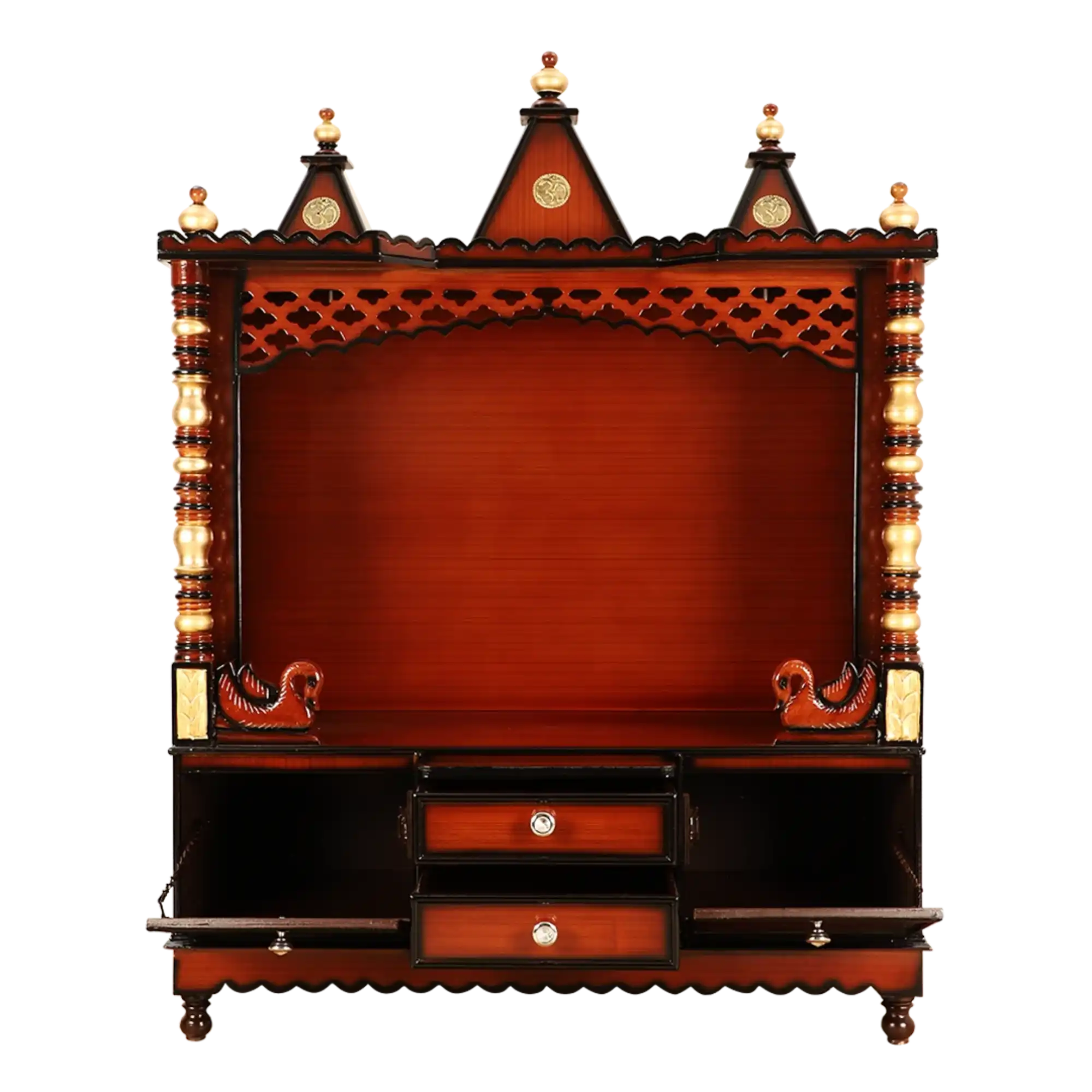 Abhikya Kostha Floor Rested Pooja Mandir/Wooden temple for home in Brown Gold color front view open drawers