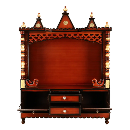 Abhikya Kostha Floor Rested Pooja Mandir/Wooden temple for home in Brown Gold color front view open drawers