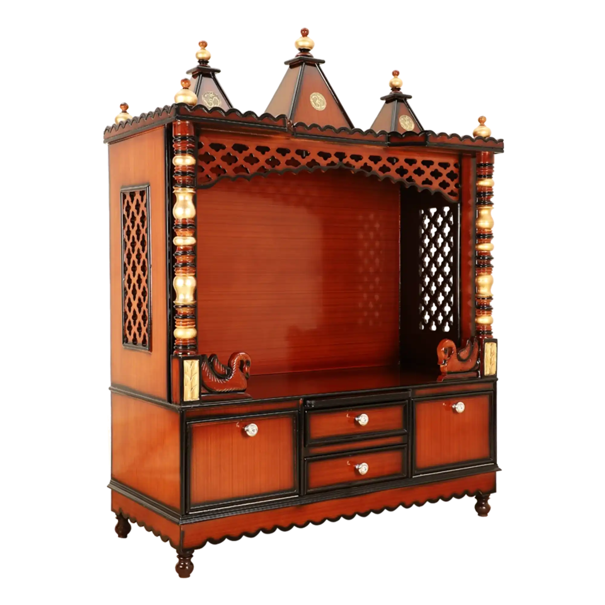 Abhikya Kostha Floor Rested Pooja Mandir/Wooden temple for home in Brown Gold color 45° side view