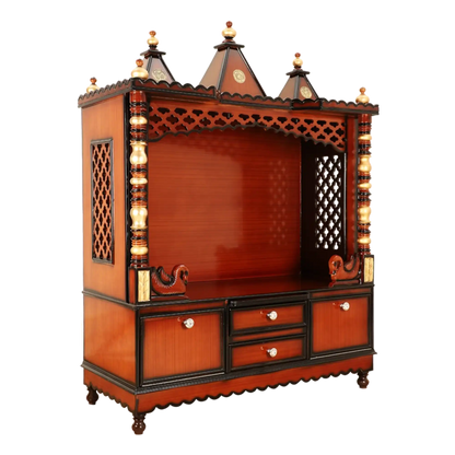 Abhikya Kostha Floor Rested Pooja Mandir/Wooden temple for home in Brown Gold color 45° side view