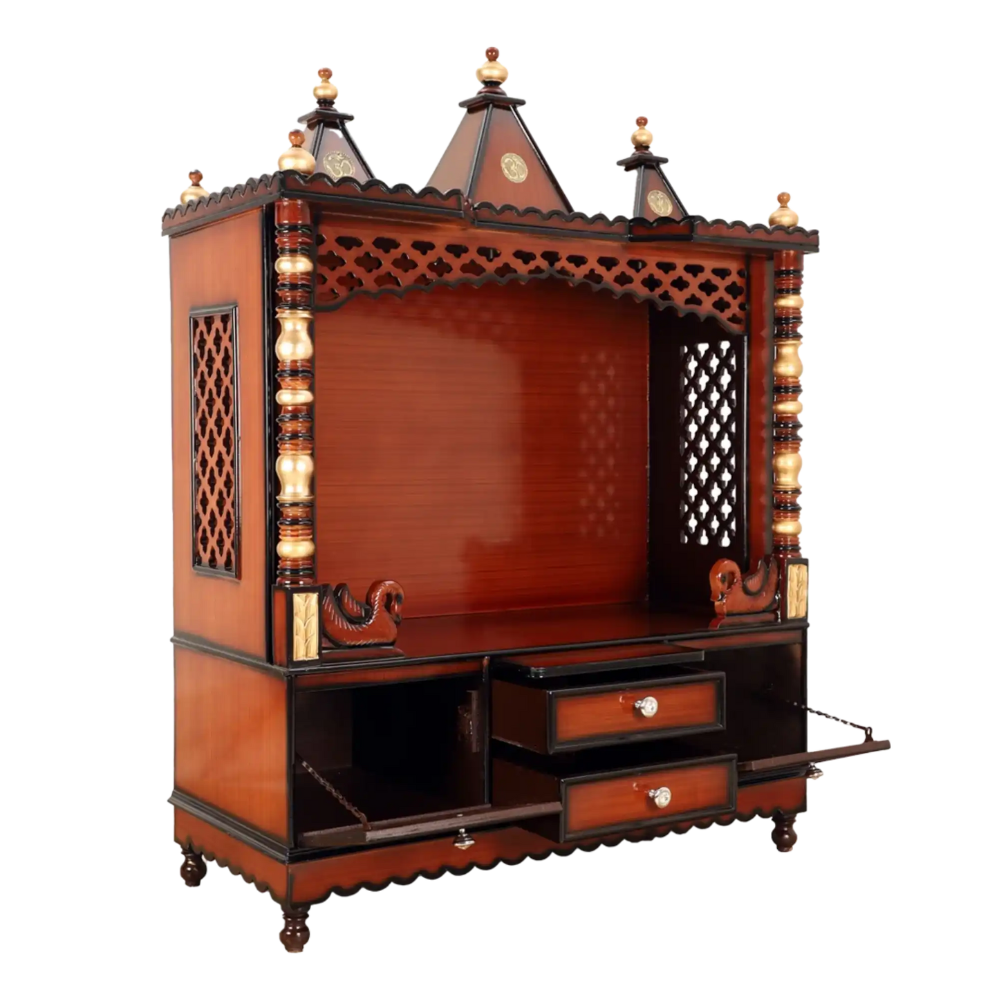 Abhikya Kostha Floor Rested Pooja Mandir/Wooden temple for home in Brown Gold color 45° side view open drawers