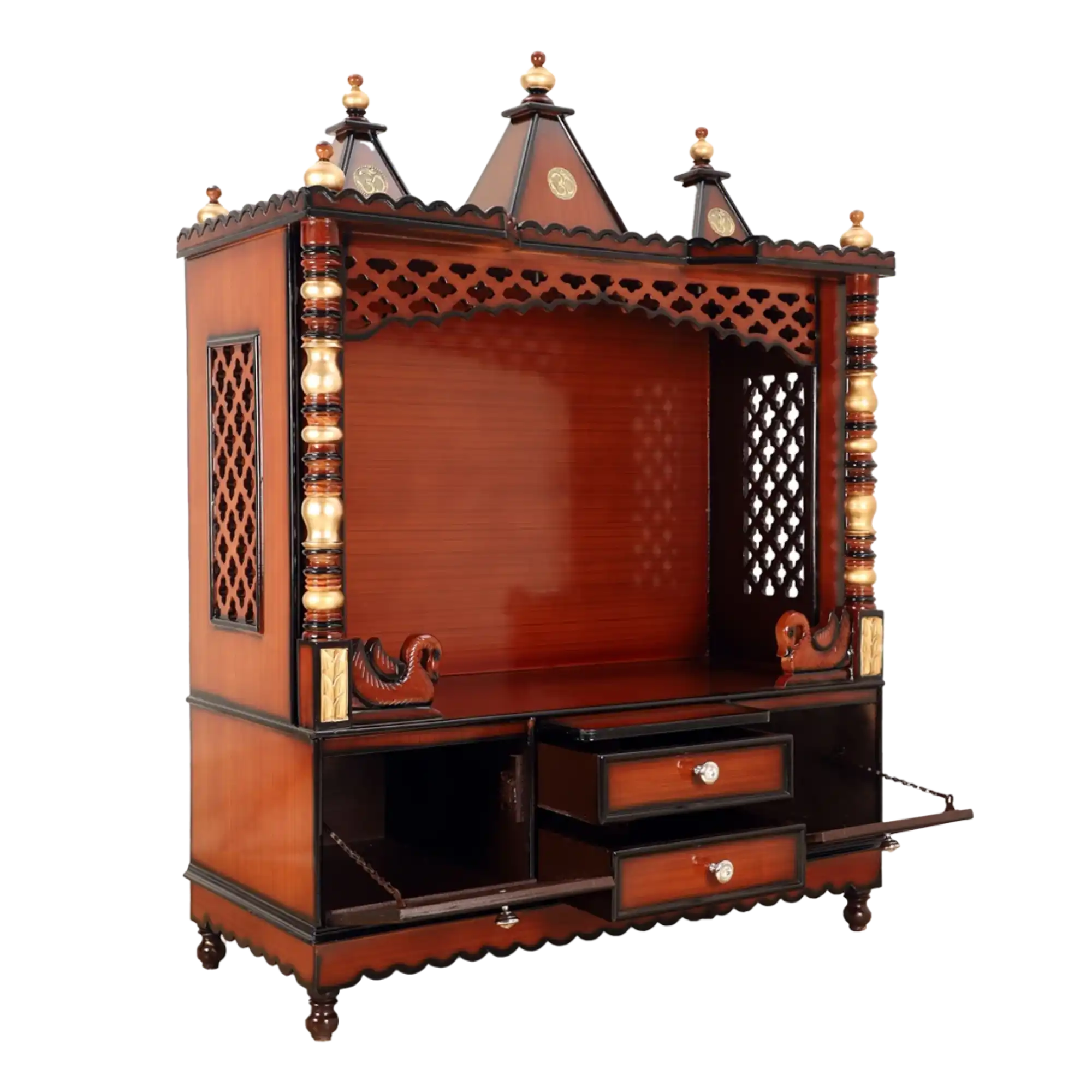 Abhikya Kostha Floor Rested Pooja Mandir/Wooden temple for home in Brown Gold color 45° side view open drawers