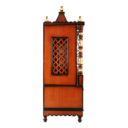 Abhikya Kostha Floor Rested Pooja Mandir/Wooden temple for home in Brown Gold color side view featuring jali design and Pillars