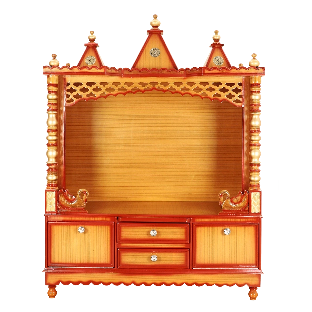 Abhikya Kostha Floor Rested Pooja Mandir/Wooden temple for home in Teak Gold color front view