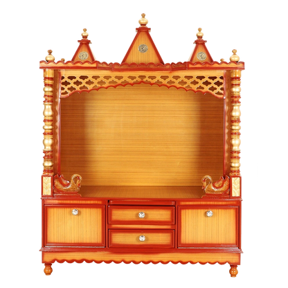 Abhikya Kostha Floor Rested Pooja Mandir/Wooden temple for home in Teak Gold color front view