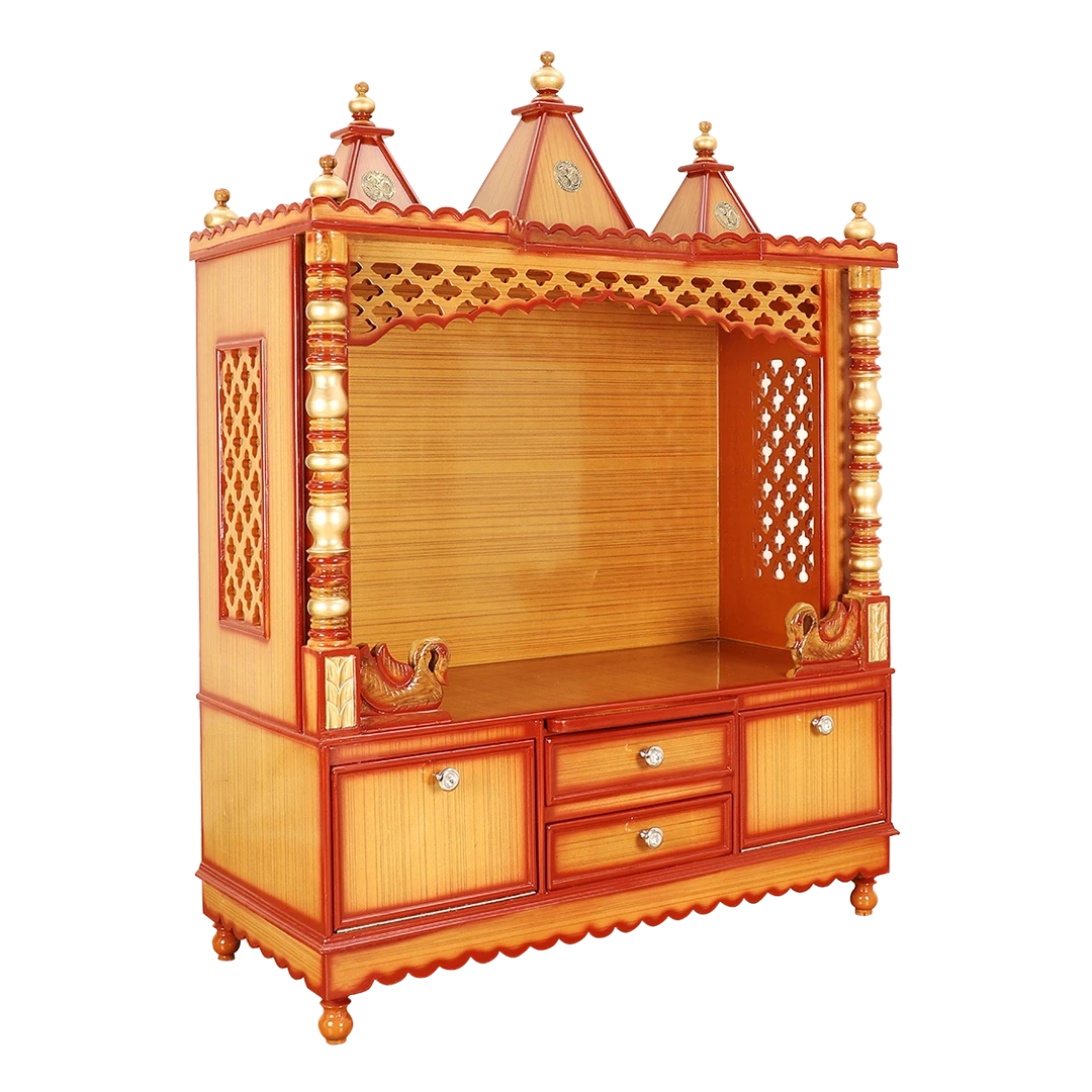 Abhikya Kostha Floor Rested Pooja Mandir/Wooden temple for home in Teak Gold color 45° side view