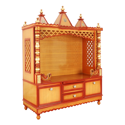 Abhikya Kostha Floor Rested Pooja Mandir/Wooden temple for home in Teak Gold color 45° side view
