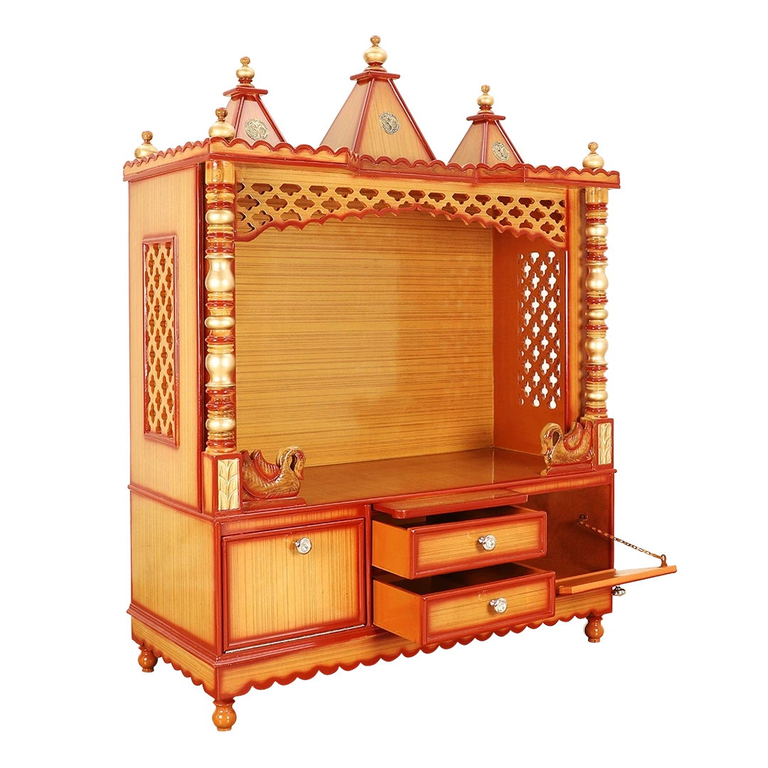Abhikya Kostha Floor Rested Pooja Mandir/Wooden temple for home in Teak Gold color 45° side view open drawers