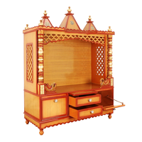 Abhikya Kostha Floor Rested Pooja Mandir/Wooden temple for home in Teak Gold color 45° side view open drawers