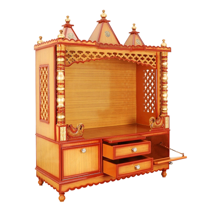 Abhikya Kostha Floor Rested Pooja Mandir/Wooden temple for home in Teak Gold color 45° side view open drawers