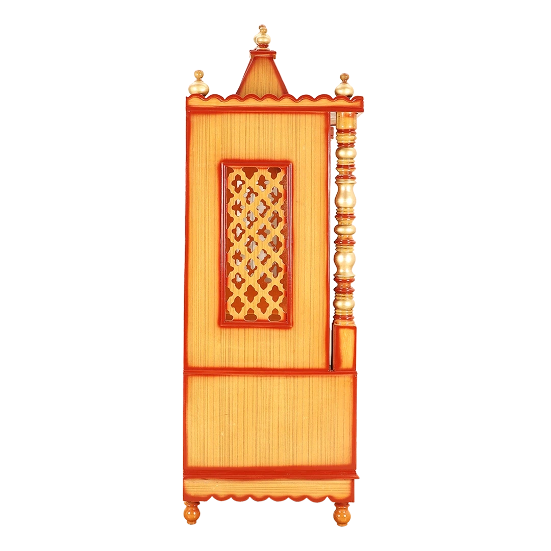Abhikya Kostha Floor Rested Pooja Mandir/Wooden temple for home in Teak Gold color side view featuring jali design and Pillars