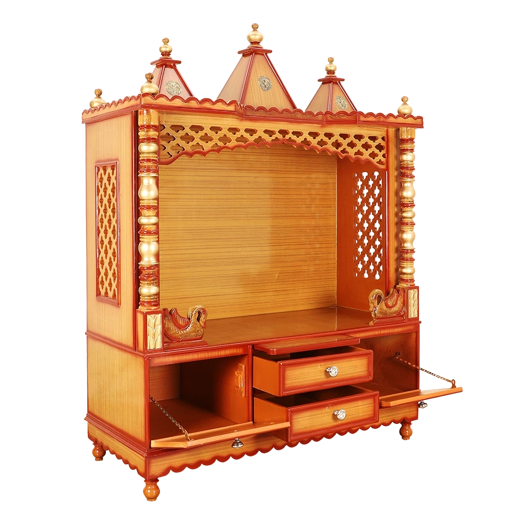 Abhikya Kostha Floor Rested Pooja Mandir/Wooden temple for home in Teak Gold color 45° side view open drawers 1