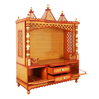 Abhikya Kostha Floor Rested Pooja Mandir/Wooden temple for home in Teak Gold color 45° side view open drawers 1