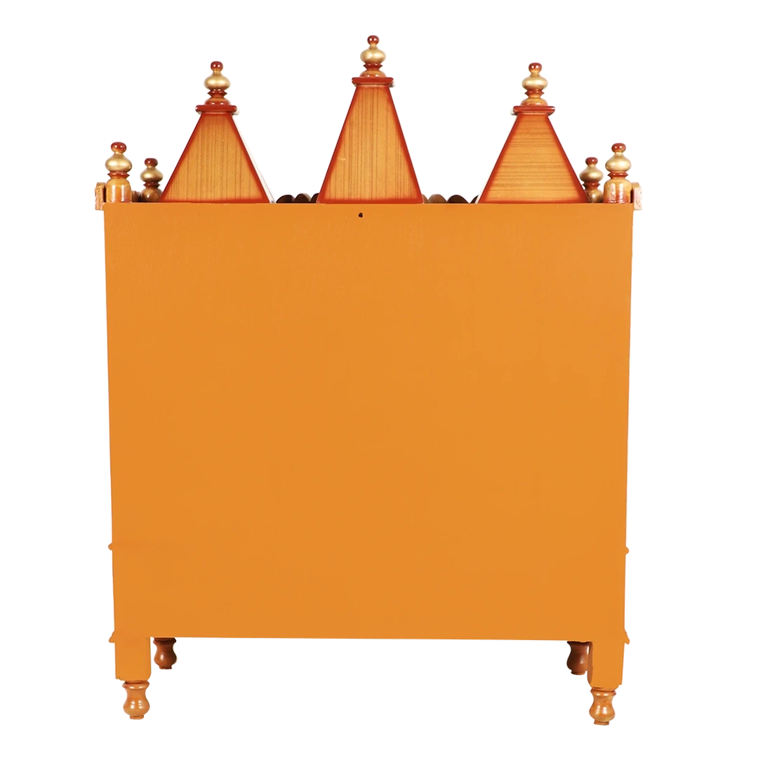Abhikya Sadana Floor Rested Pooja Mandir/Wooden temple for home in Teak Gold color back view