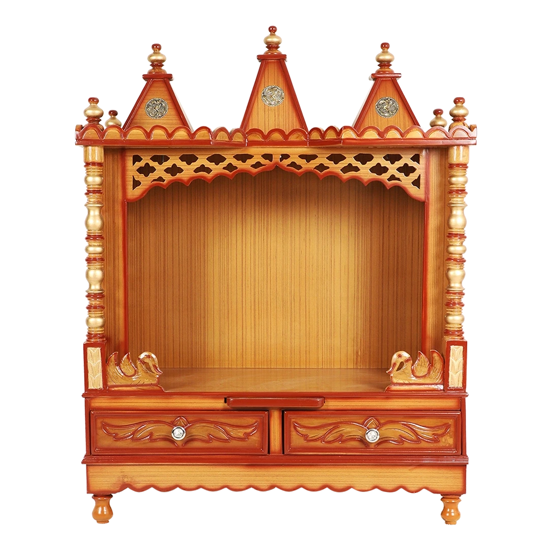 Abhikya Sadana Floor Rested Pooja Mandir/Wooden temple for home in Teak Gold color front view