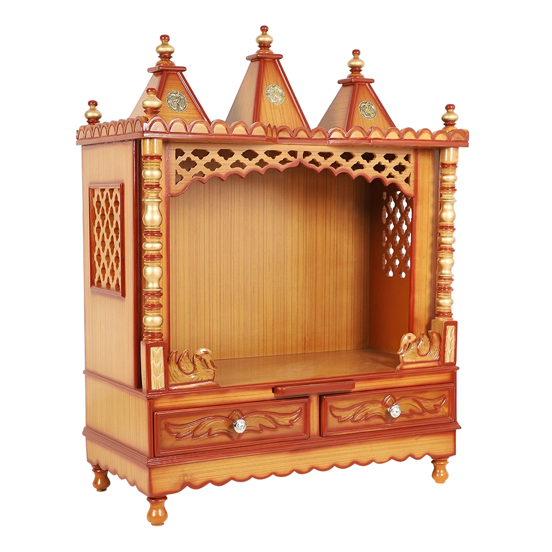 Abhikya Sadana Floor Rested Pooja Mandir/Wooden temple for home in Teak Gold color 45° side view