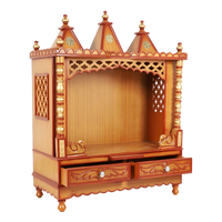 Abhikya Sadana Floor Rested Pooja Mandir/Wooden temple for home in Teak Gold color 45° side view open drawers
