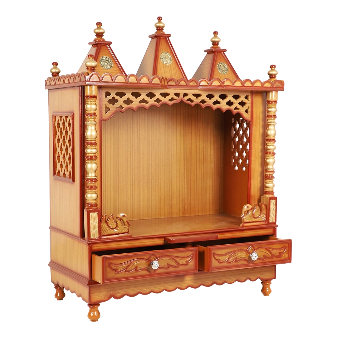 Abhikya Sadana Floor Rested Pooja Mandir/Wooden temple for home in Teak Gold color 45° side view open drawers