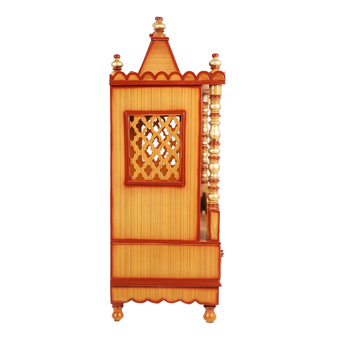 Abhikya Sadana Floor Rested Pooja Mandir/Wooden temple for home in Teak Gold color side view featuring jali design and Pillars