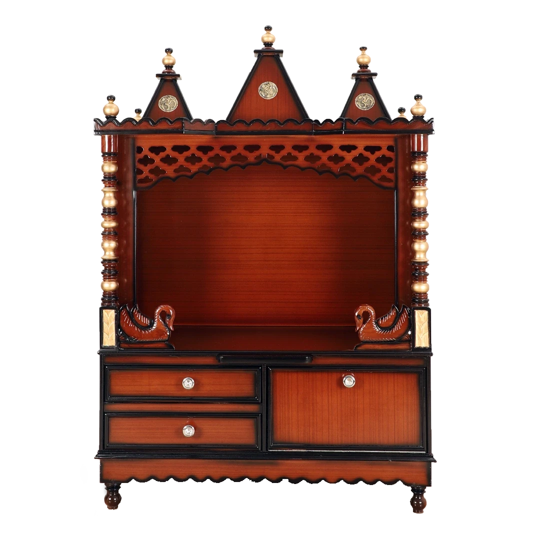 Abhikya Sthana Floor Rested Pooja Mandir/Wooden temple for home in Brown Gold color front view