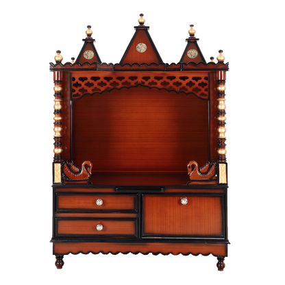 Abhikya Sthana Floor Rested Pooja Mandir/Wooden temple for home in Brown Gold color front view