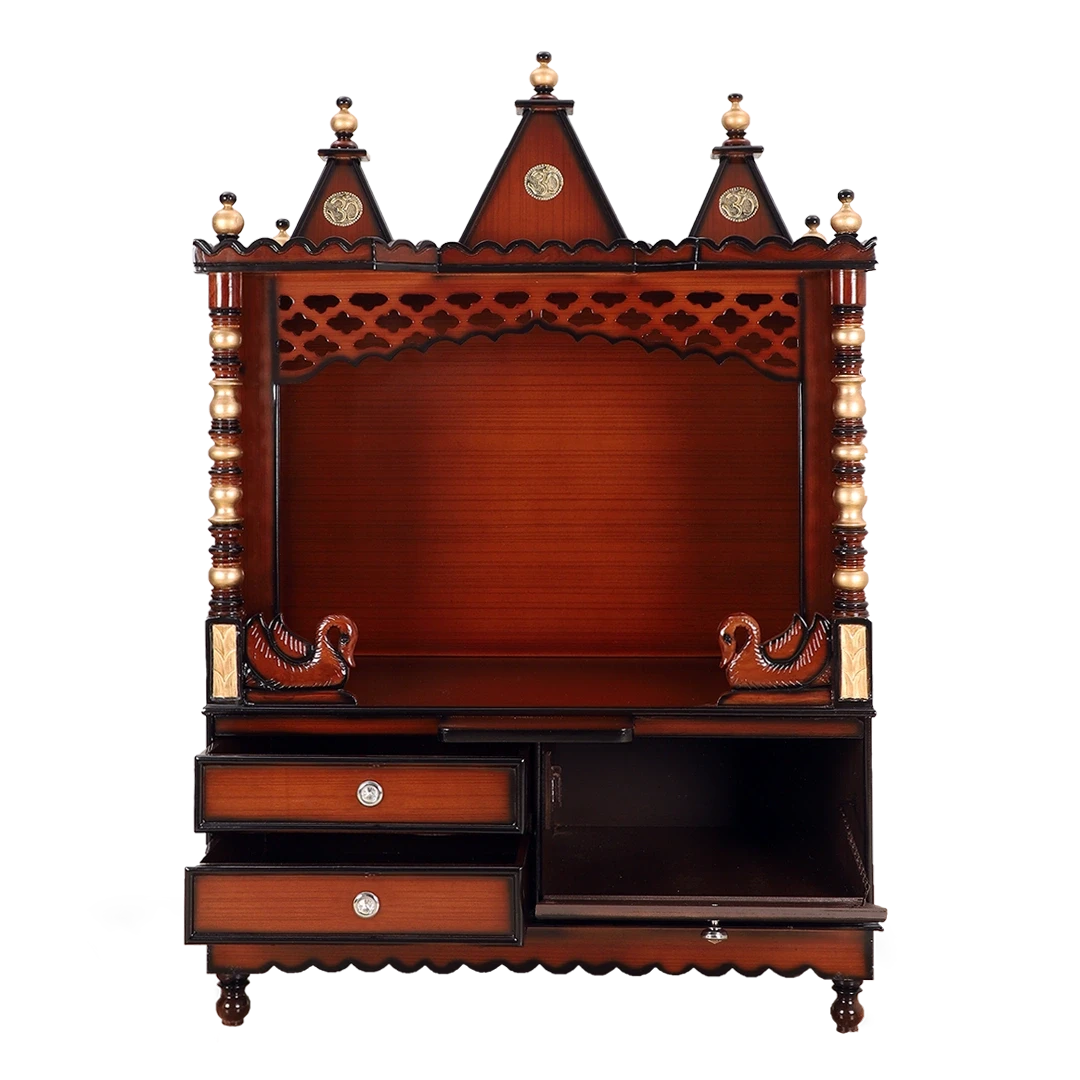 Abhikya Sthana Floor Rested Pooja Mandir/Wooden temple for home in Brown Gold color front view open drawers