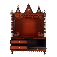 Abhikya Sthana Floor Rested Pooja Mandir/Wooden temple for home in Brown Gold color front view open drawers