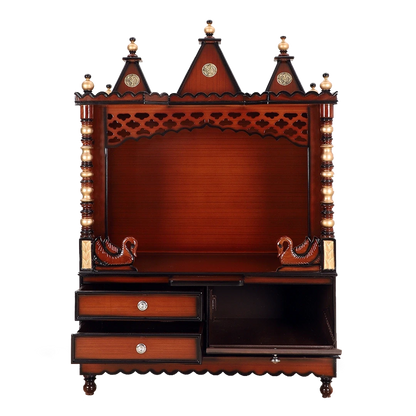 Abhikya Sthana Floor Rested Pooja Mandir/Wooden temple for home in Brown Gold color front view open drawers