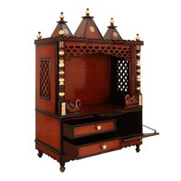 Abhikya Sthana Floor Rested Pooja Mandir/Wooden temple for home in Brown Gold color 45° side view open drawers
