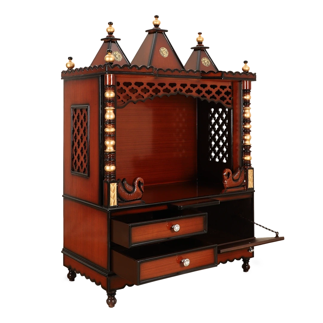Abhikya Sthana Floor Rested Pooja Mandir/Wooden temple for home in Brown Gold color 45° side view open drawers