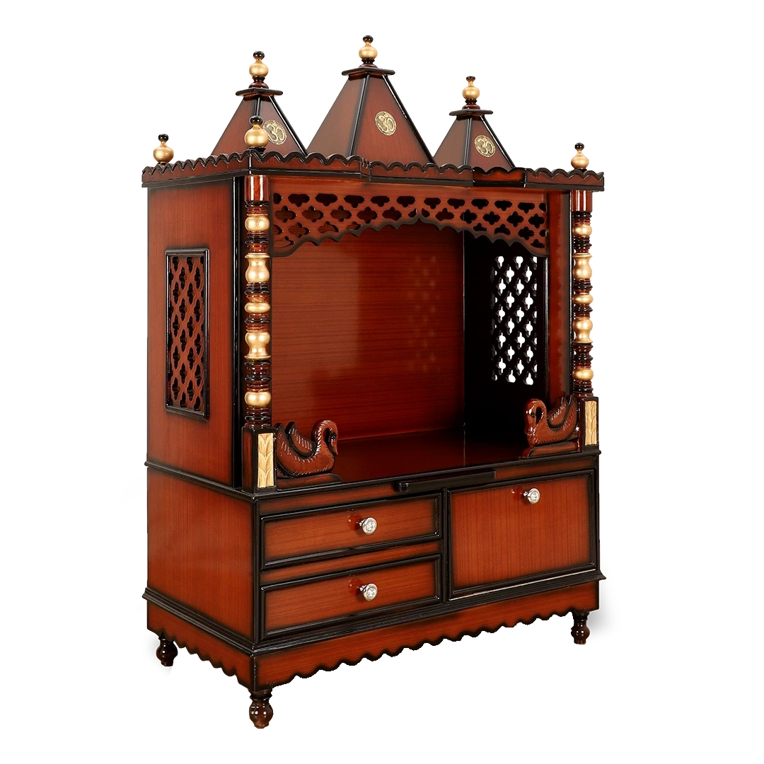 Abhikya Sthana Floor Rested Pooja Mandir/Wooden temple for home in Brown Gold color 45° side view