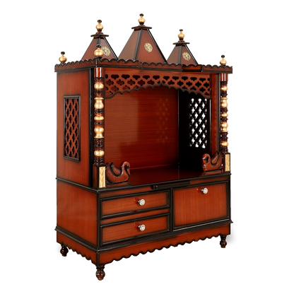 Abhikya Sthana Floor Rested Pooja Mandir/Wooden temple for home in Brown Gold color 45° side view