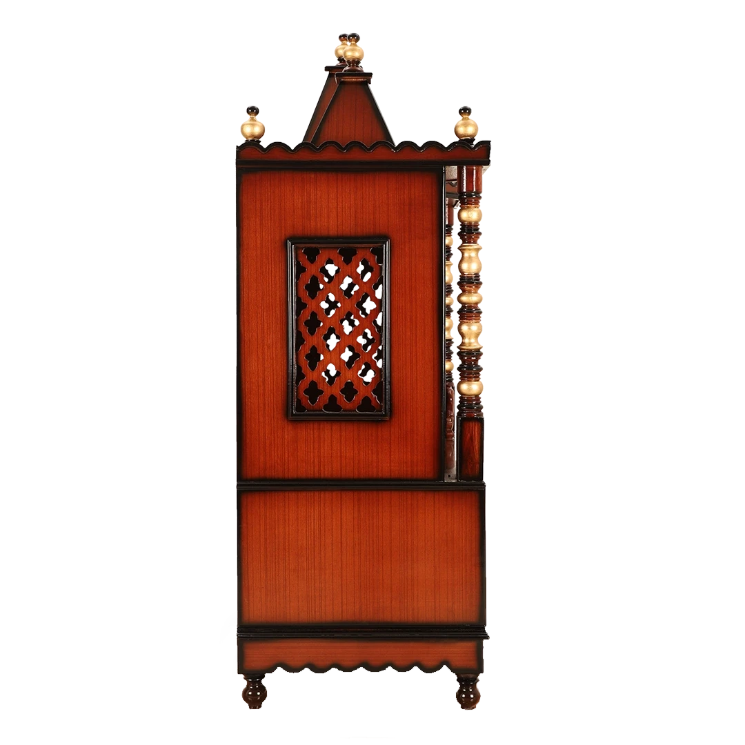 Abhikya Sthana Floor Rested Pooja Mandir/Wooden temple for home in Brown Gold color side view featuring jali design and Pillars