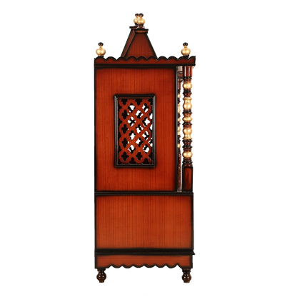Abhikya Sthana Floor Rested Pooja Mandir/Wooden temple for home in Brown Gold color side view featuring jali design and Pillars