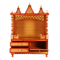 Abhikya Sthana Floor Rested Pooja Mandir/Wooden temple for home in Teak Gold color front view open drawers