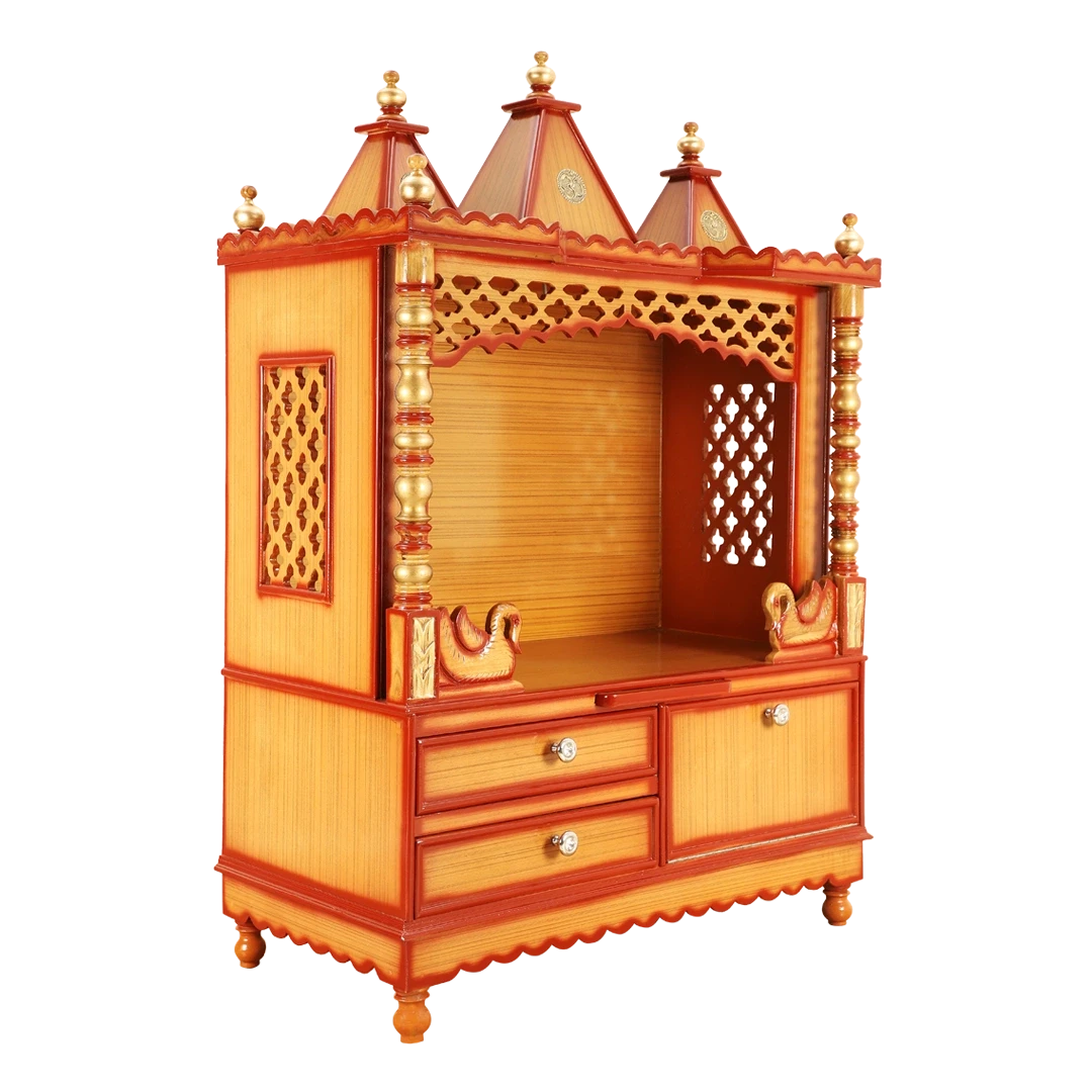Abhikya Sthana Floor Rested Pooja Mandir/Wooden temple for home in Teak Gold color 45° side view