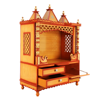 Abhikya Sthana Floor Rested Pooja Mandir/Wooden temple for home in Teak Gold color 45° side view open drawers