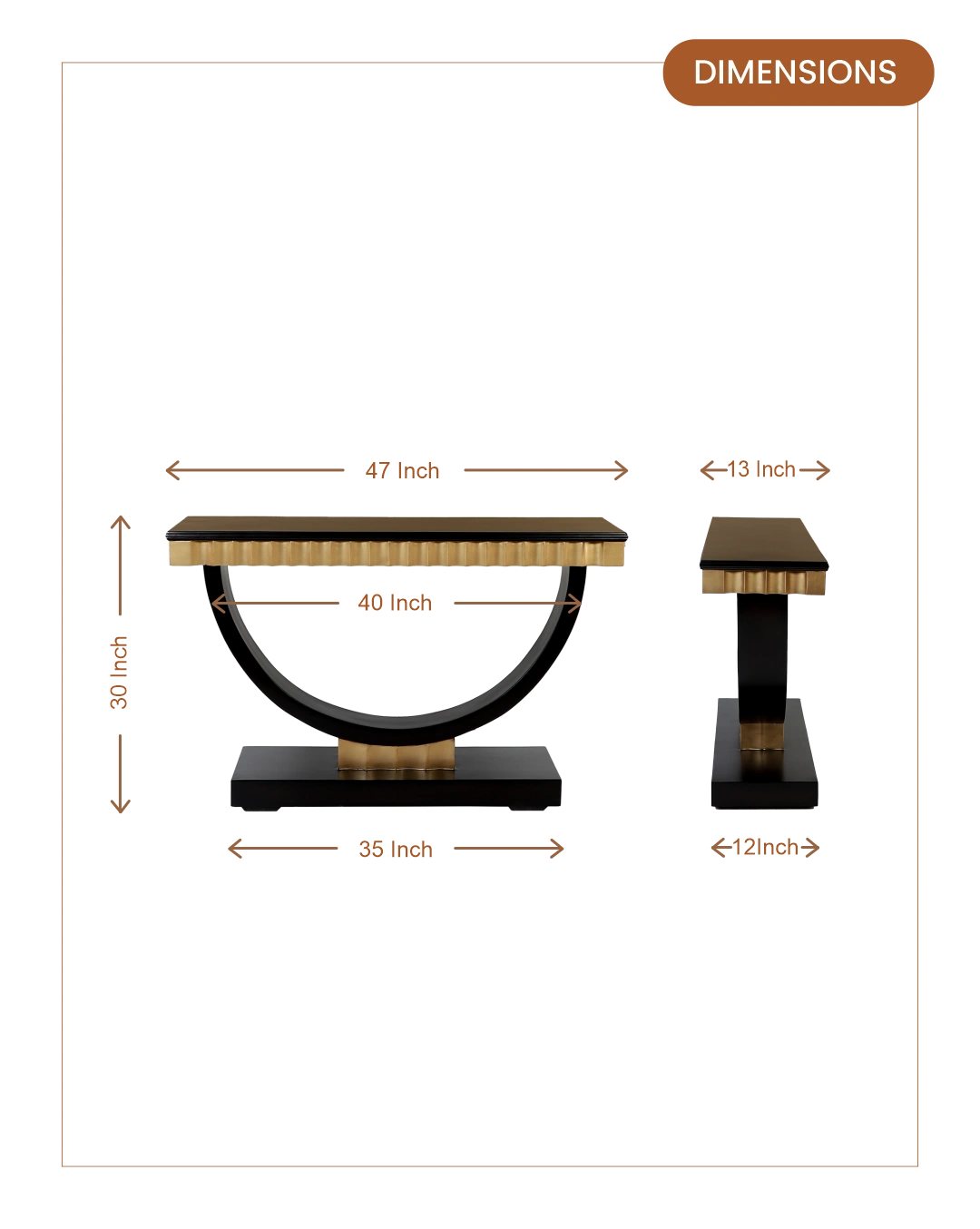 Ace Solid Wood Console Table (Black Gold) dimensions