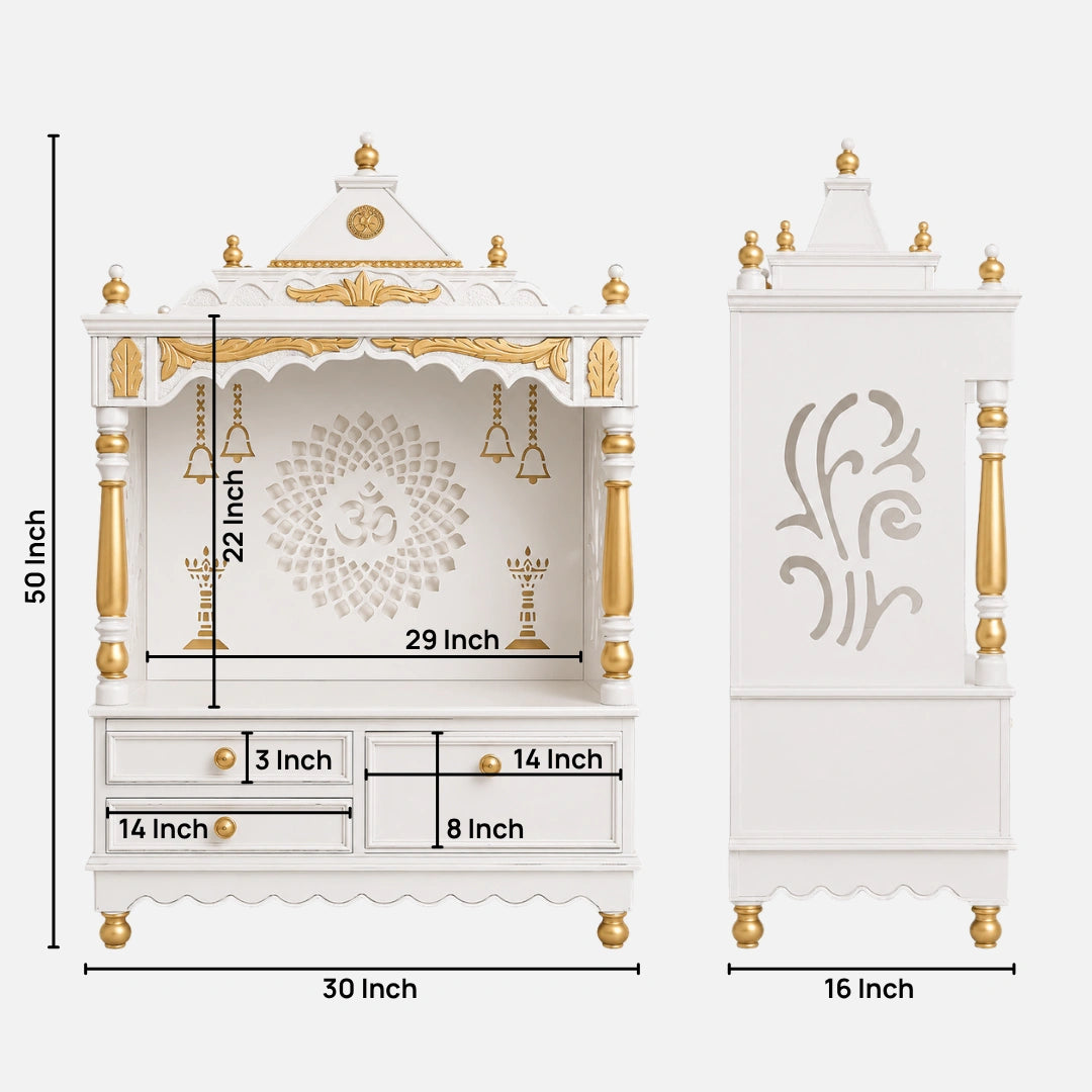 Adhyatma Floor Rested Pooja Mandir without Door (White Gold) Dimensions