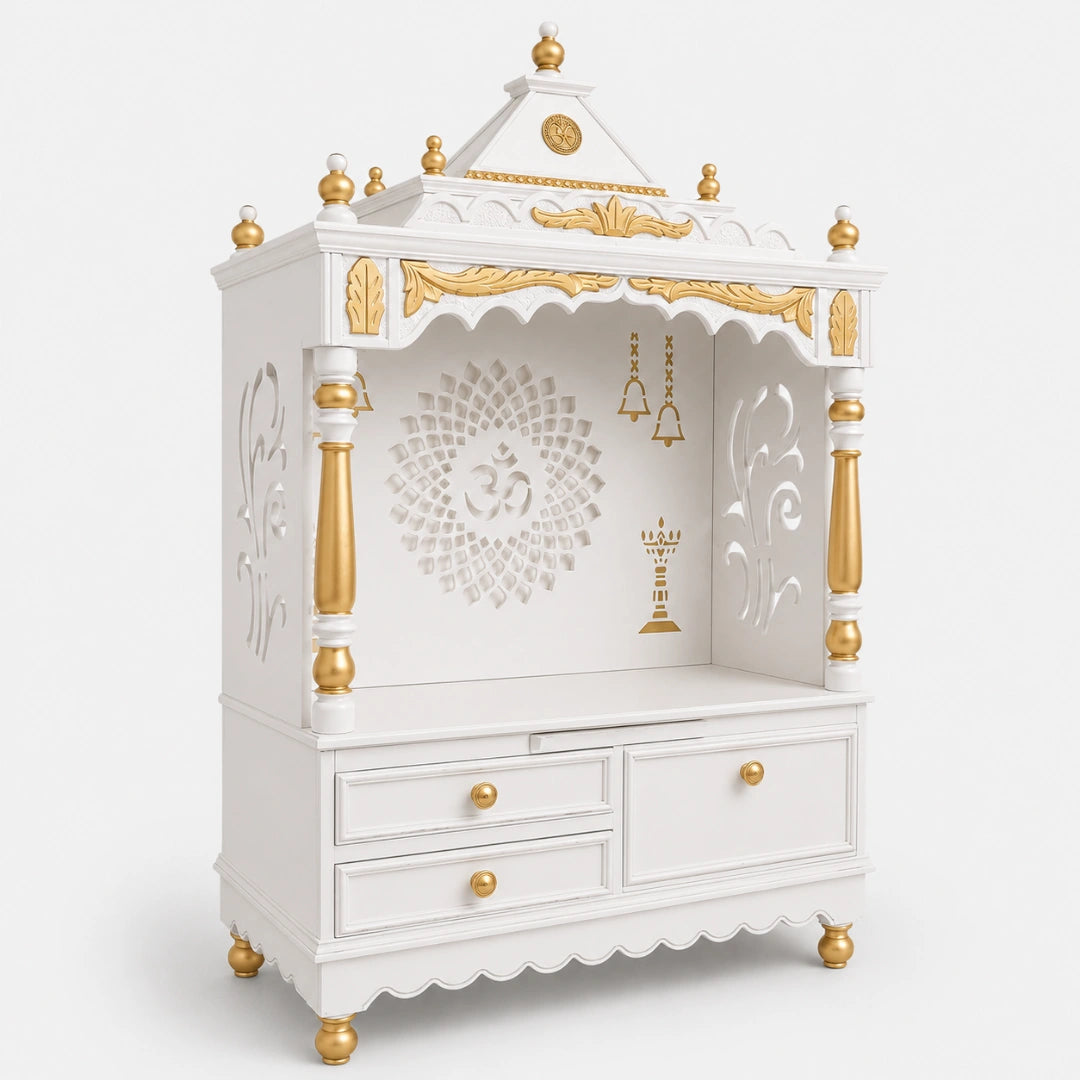Adhyatma Floor Rested Pooja Mandir without Door (White Gold) Side Angle