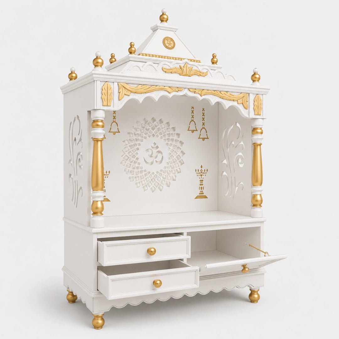 Adhyatma Floor Rested Pooja Mandir without Door (White Gold) Side View Open Drawers